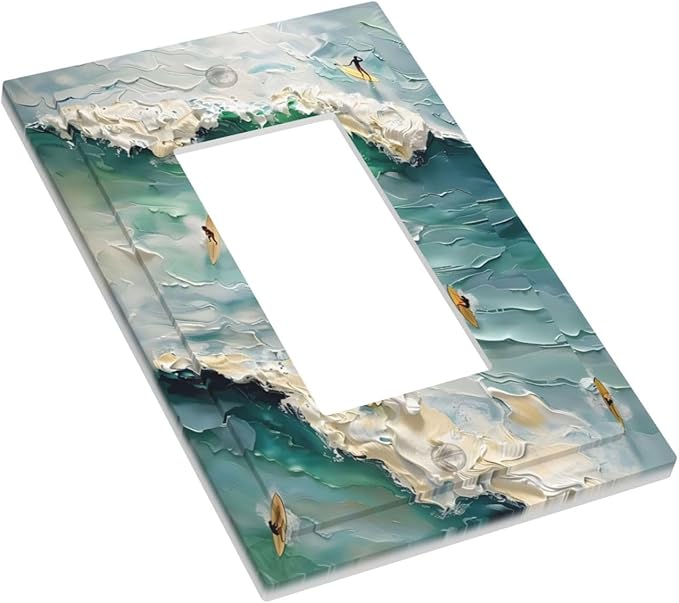 Beach Waves Ocean Surfing Hoverboard Painting Print Decorative Outlet Covers 1 Gang Single Rocker Light Switch Cover Plate Wall Plates GFCI Faceplate for Bedroom Living Room Decor