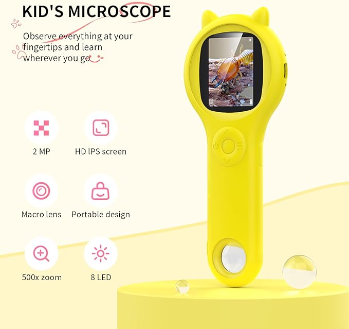 Handheld Microscope for Kids - Educational Science Toys, Christmas & Birthday Gifts for Age 5 6 7 8 9 10 11 12 Girls & Boys (Yellow)