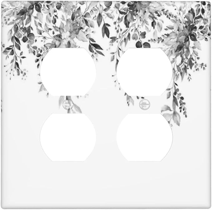 Outlet Covers Grey Floral Plant Eucalyptus Leaf Flower 2 Gang Double Duplex Decorative Light Switch Covers Electrical Wallplates Socket Faceplate For Bed Room Living Room Decor