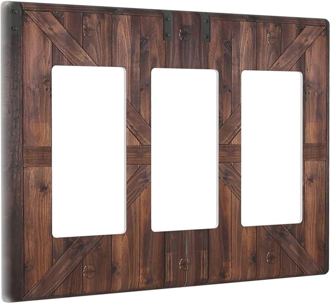 Decorative Outlet Covers Rustic Barn Doors Vintage Brown Wood Plank 3 Gang Light Switch Cover Plate Triple Rocker Wall Plates for Electrical Outlets Switch Plate Covers for Bedroom Home Decor