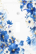 Klein Blue Flowers Watercolor Golden White Floral Decorative Light Switch Cover 1 Gang Single Toggle Device Electrical Faceplate Switchplates Decorator Outlet Wall Plate for Bedroom Living Room Decor