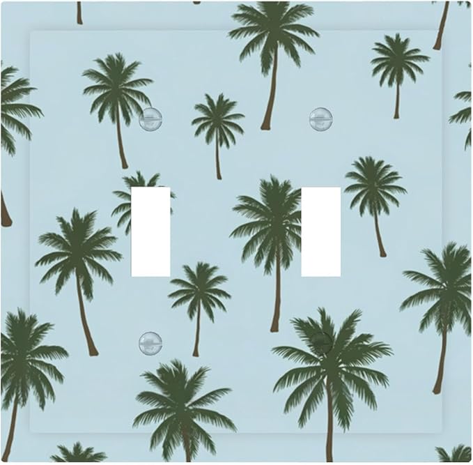 Tropical Palm Tree Pattern Double Toggle Switch Cover - 2-Gang Standard US Size Coastal Breeze Light Switch Covers for Beach House Decor