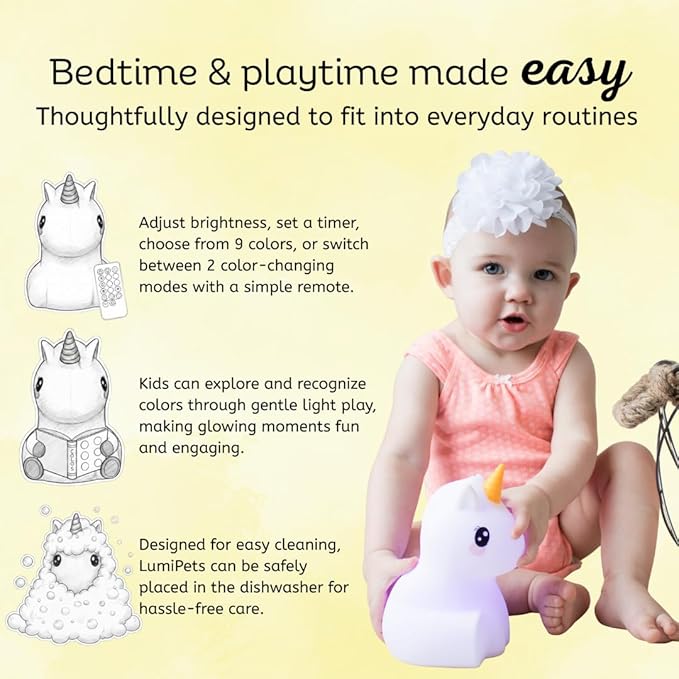 Lumipets Remote Control Silicone Night Light for Kids - Unicorn Design with 9 Soft Colors & Sleep Timer - Rechargeable, Battery-Operated Lamp for Bedroom | Baby Nursery, Toddler, Girls, Boys