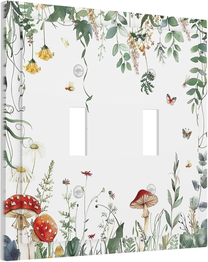 Decorative Switch Plates Sage Plant Red Mushroom Butterfly Wild Flower 2 Gang Double Toggle Outlet Light Switch Cover Wall Plate Electrical Faceplate For Bed Room Kids Room Decor
