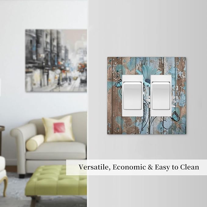 Decorative Outlet Covers Rustic Flower Teal Turquoise Daisy Butterfly 2 Gang Double Gfci Rocker Electrical Wall Panels Light Switch Cover Plate For Farmhouse Cabin Decor