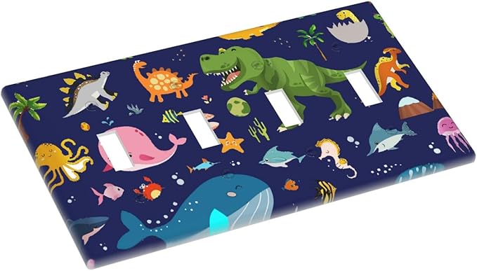 Kids Boys Cartoon Blue/Green Dinasour Ocean Animals Theme Decorative 4 Gang Quad Toggle Light Switch Cover Electric Large Size Marine Starfish Quadruple Faceplate Decorative Switch Face Wallplate