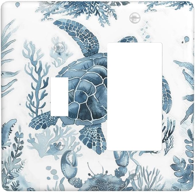 Blue Sea Turtle Coastal Coral Beach Crab Seaweed Outlet Covers 1 Toggle 1 Rocker Combination Decorative Wall Plate Electrical Switch Plates Light Switch Cover Plate for Kids Room Bathroom Decor