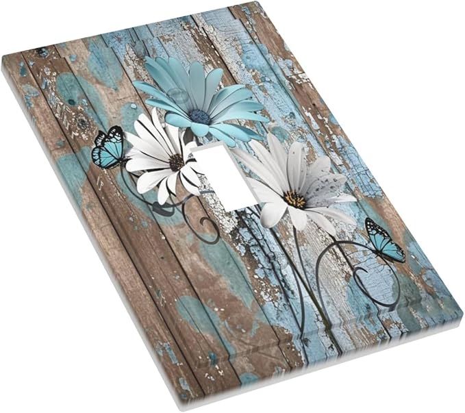 Decorative Light Switch Cover Rustic Flower Teal Turquoise Daisy Butterfly 1 Gang Single Toggle Device Electrical Faceplate Switchplates Decorator Outlet Wall Plate For Farmhouse Cabin
