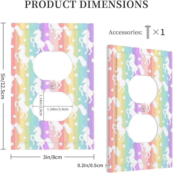1 Gang Single Duplex Receptacle Outlet Cover Funny Kids Girl Cute Colorful Rainbow Unicorn Purple Pink Yellow Blue Electrical Wall Plate One Gang Dual Device Light Switch Faceplate Socket Plug Cover