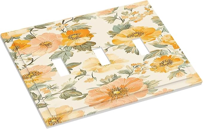 Decorative Light Switch Cover Plate Vintage Floral Pastel Flower Pattern 3 Gang Wall Plate Triple Toggle Switch Plate Covers Electrical Outlet Cover for Bedroom Cabin Decor