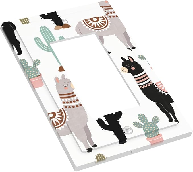 Playful Llamas & Cactuses Desert Pattern Single Rocker Switch Cover - 1-Gang Standard US Size Bohemian Desert Animals Light Switch Covers for Boys & Girls Bedroom Playroom Decor