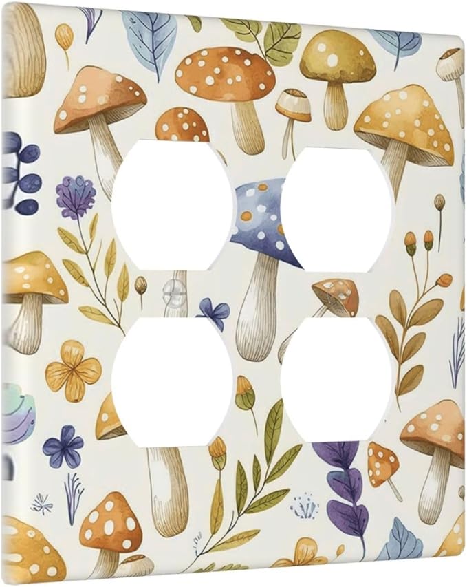 Boho Watercolor Mushroom Flowers Leaf Colorful Floral Outlet Covers 2 Gang Double Duplex Decorative Light Switch Covers Electrical Wallplates Socket Faceplate for Kids Room Nursery Decor