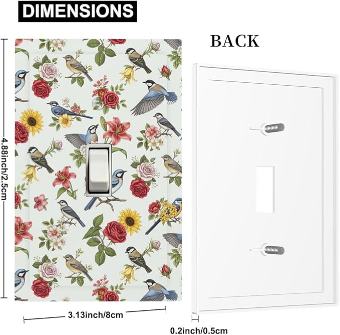 Vintage Birds & Blooms 1-Gang Toggle Light Switch Plate, English Countryside Chintz Botanical Floral & Songbird Decorative Wall Plate for Bedroom Decor