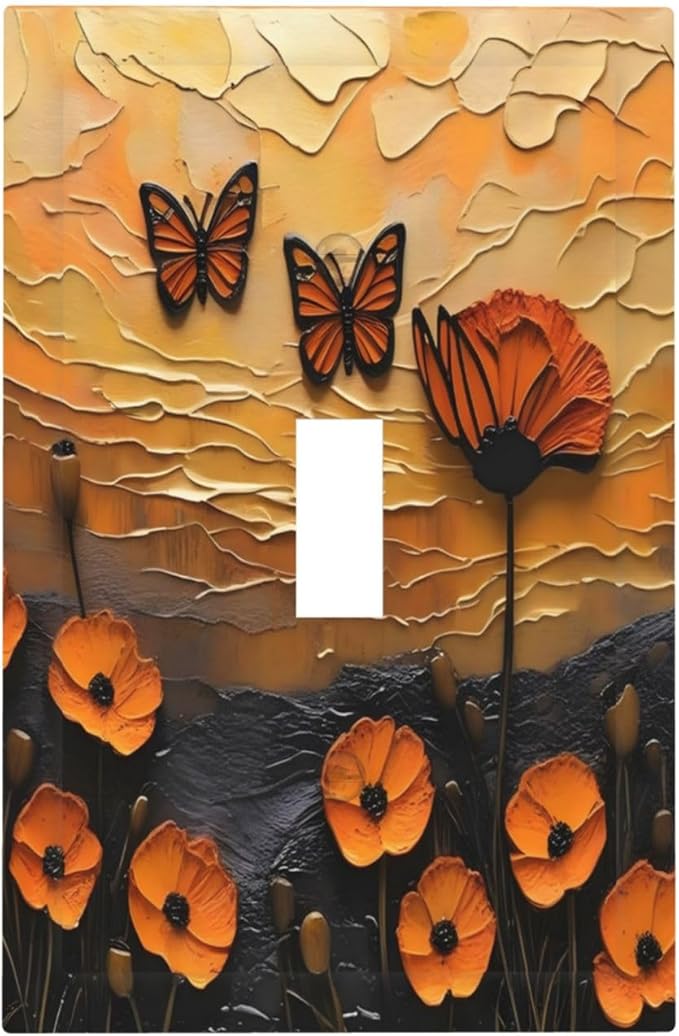Oil Painting Flower Sunset Butterfly Vintage Rustic Floral Decorative Light Switch Cover 1 Gang Single Toggle Device Electrical Faceplate Switchplates Decorator Outlet Wall Plate for Bedroom Home