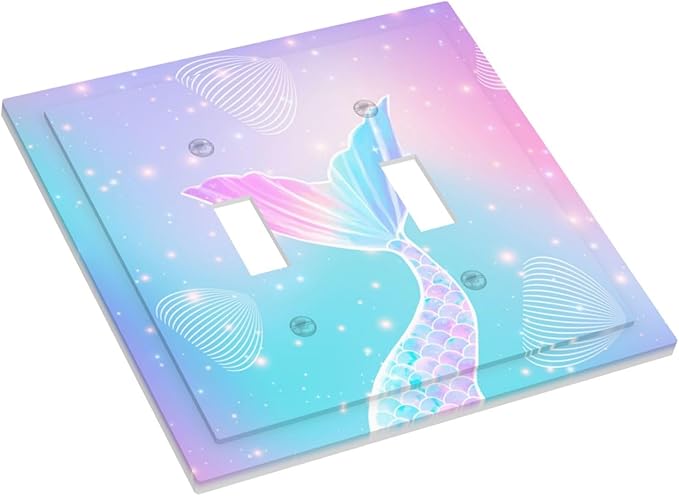 Mermaid 2 Gang Light Switch Cover Rainbow Tail Scales Jelly Fish Double Toggle Wall Plate Decorative Electrical Switchplate Covers for Nursery Girls Boys Room Kids Room Decor