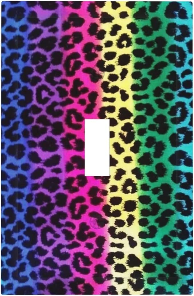 Tie Dye Rainbow Leopard Print Wall Plate Single Toggle 1 Gang Switchplate Decorative Light Switch Cover Wallplate Colorful Boho Leopard Stripes Rainbow Bohemian Gypsy Trippy Home Room Bathroom Decor