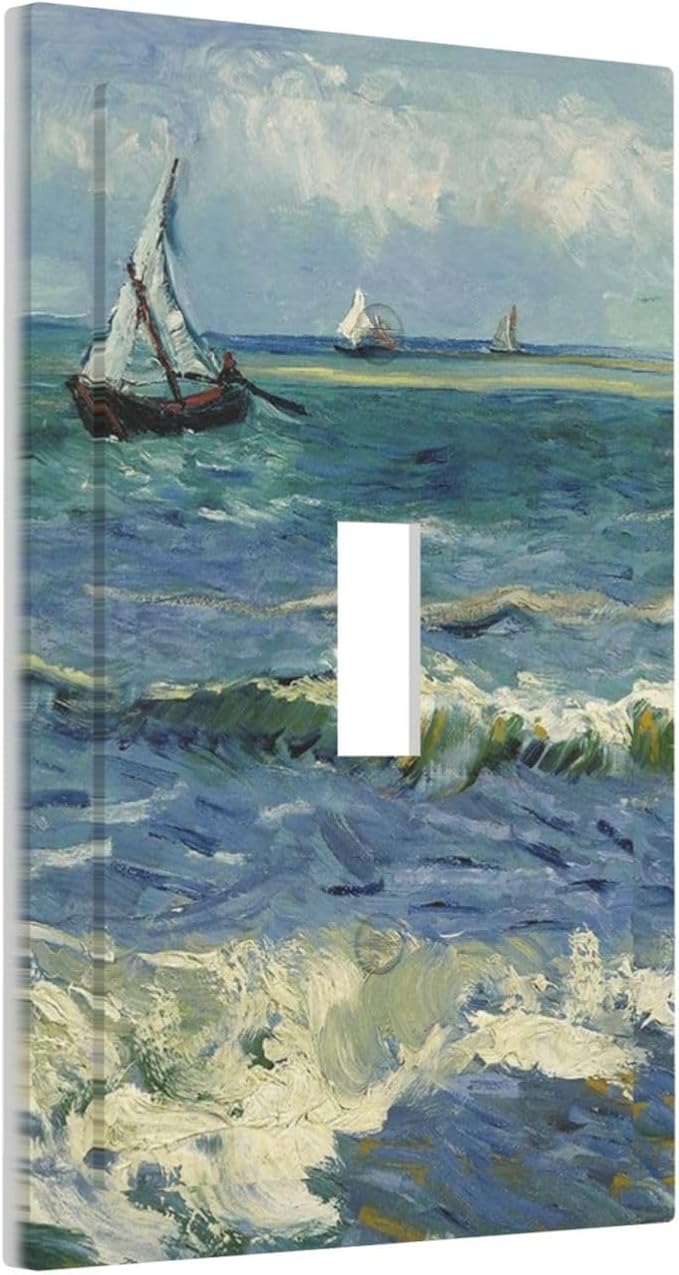 Nautical Ocean Waves Sailboat Painting Blue Sky Decorative Light Switch Cover 1 Gang Single Toggle Device Electrical Faceplate Switchplates Decorator Outlet Wall Plate for Bathroom Bedroom Decor