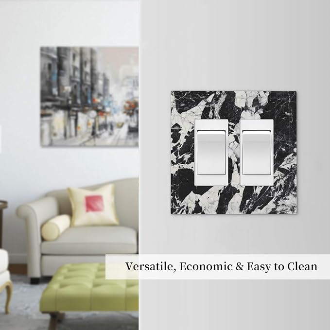 Black White Marble Abstract Luxury Decorative Outlet Covers 2 Gang Double GFCI Rocker Electrical Wall Panels Light Switch Cover Plate for Bathroom Kitchen Decor