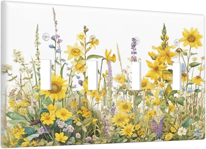 Wildflowers Sunflower Lavender Daisy Floral Light Switch Covers Quad Toggle Electrical Faceplate 4 Gang Wall Plate Decorative Switch Plates Cover for Bedroom Living Room Decor