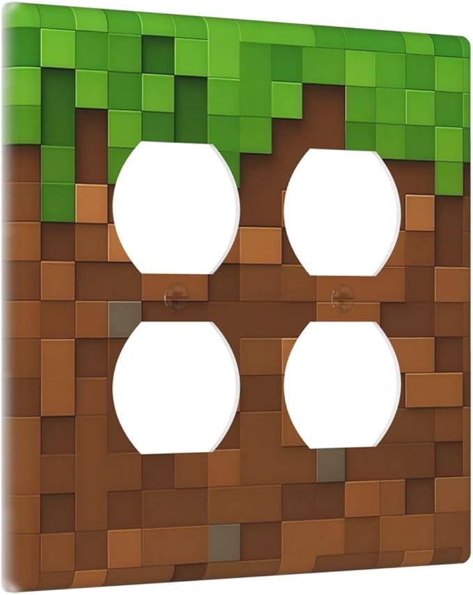 Pixel Style Gamer Themed Grass Block Outlet Covers 2 Gang Double Duplex Decorative Light Switch Covers Electrical Wallplates Socket Faceplate for Kids Room Office Home Decor