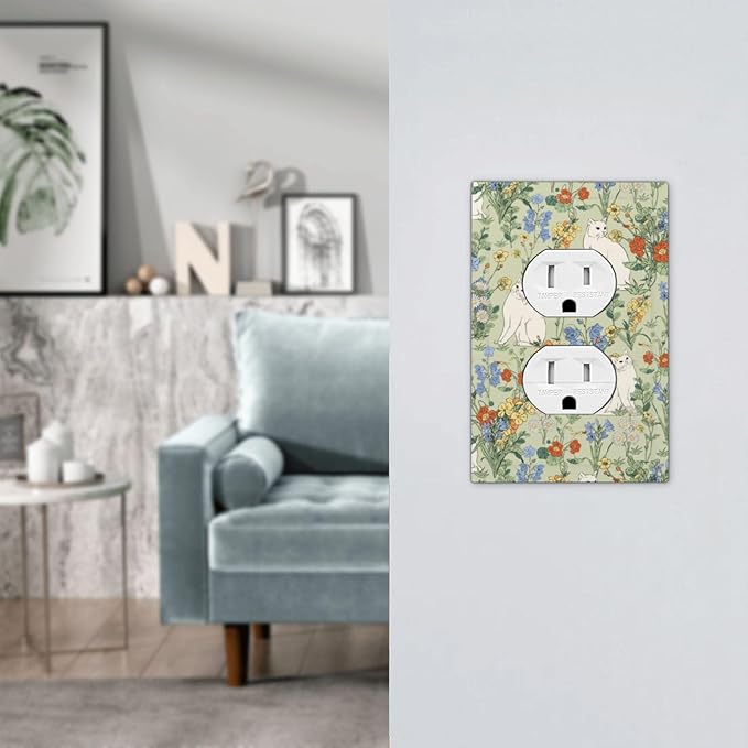 Outlet Covers Vintage Floral Cute Cat Colorful Flowers 1 Gang Duplex Light Switch Cover Decorative Switch Plates Electrical Receptacle Faceplate Wall Plate For Bed Room Living Room Decor
