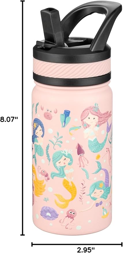 Fanhaw 14 Oz Kids Insulated Water Bottle with Straw - Stainless Steel Double Wall Vacuum Cup, Leakproof, BPA Free, Suitable for Boys and Girls(Pink - Sweat Mermaids)
