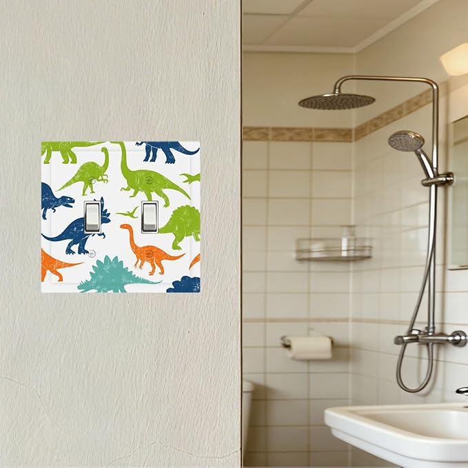 Colorful Dinosaur Double Toggle Switch Cover - 2-Gang Standard US Size Playful Dino Friends Light Switch Covers for Teen Boys Bedroom Playroom Decor