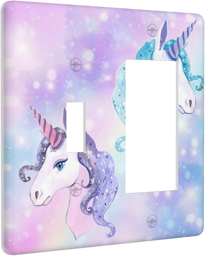 Girl Purple Pink Rainbow Blue Unicorn 2 Gang Single Toggle/Decorator Combination Light Switch Cover Decorative Combo 1-Toggle/1-GFCI/Rocker Wall Plate Cover