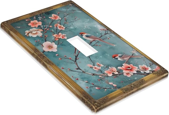 Decorative Art Light Switch Covers Vintage Chinoiserie Oriental - Teal Birds and Floral Branch Single Toggle Wall Plate Decorative Switchcover Electrical Switchplate for Home Decor