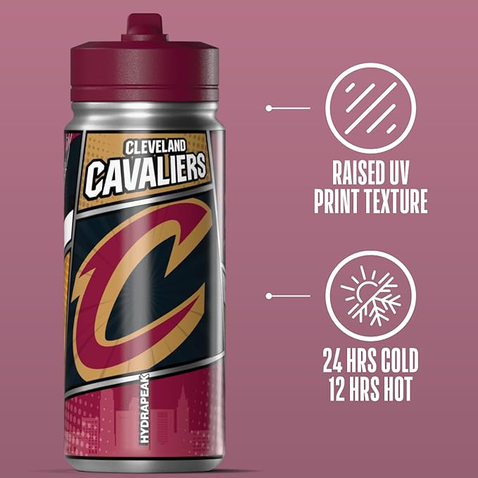 Hydrapeak x NBA Cleveland Cavaliers 20 oz Stainless Steel Water Bottle, Officially Licensed Double Wall Insulated Sports Bottle with Straw Lid, Reusable Leakproof Gift for Kids & Adults