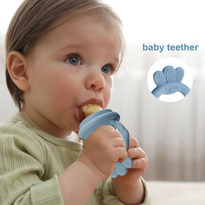 Baby Food Fruit Feeder with Freezer Tray Breastmilk Popsicle Molds Silicone Fruit Feeder for Self Feeding Teething Relief Toys (Blue)