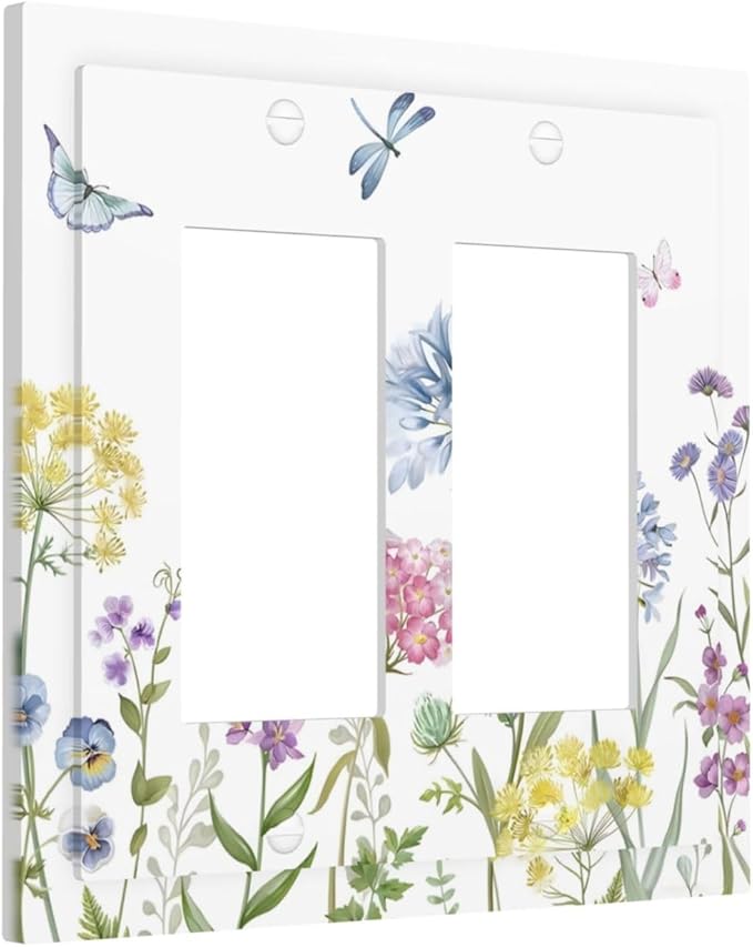 Colorful Wildflowers Dragonfly Lavender Butterfly Insect Decorative Outlet Covers 2 Gang Double GFCI Rocker Electrical Wall Panels Light Switch Cover Plate for Bedroom Living Room Decor