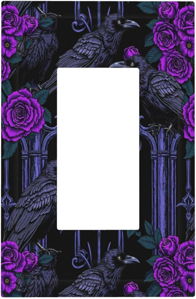 Decorative Outlet Covers Gothic Style Crow Purple Flowers 1 Gang Single Rocker Light Switch Cover Plate Wall Plates GFCI Faceplate for Bedroom living Room Decor