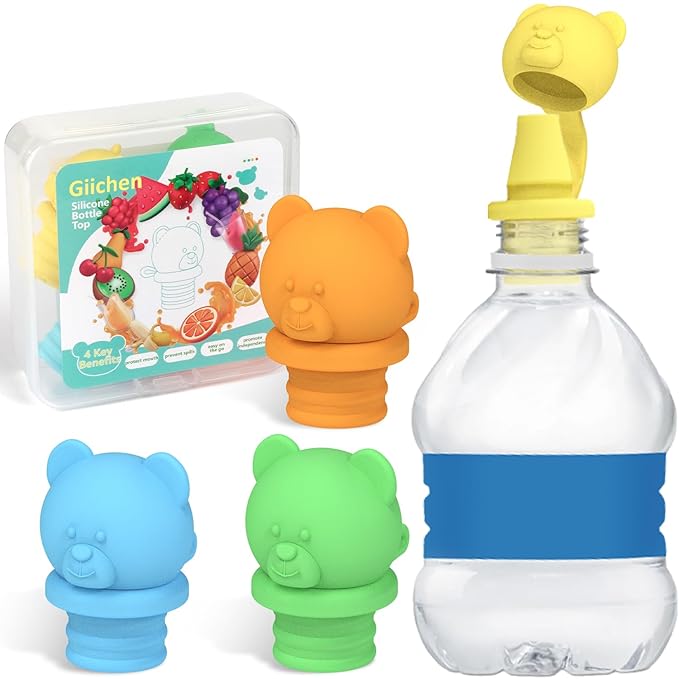No Spill Water Bottle Caps - BPA Free Silicone Top Protects Child's Mouth, Replacement Spout Adapter for Toddlers to Adults - 4 Pack (Blue, Green, Yellow, Orange)