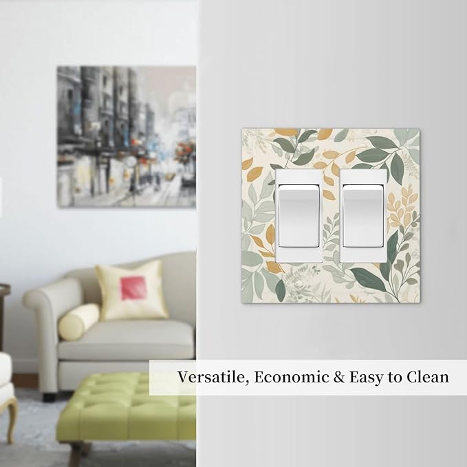 Boho Watercolor Leaves Double Rocker Light Switch Cover Green Botanical 2 Gang Outlet Covers Switchplates Decorative Electrical Wall Plate for Country Bedroom Living Room Home Decor
