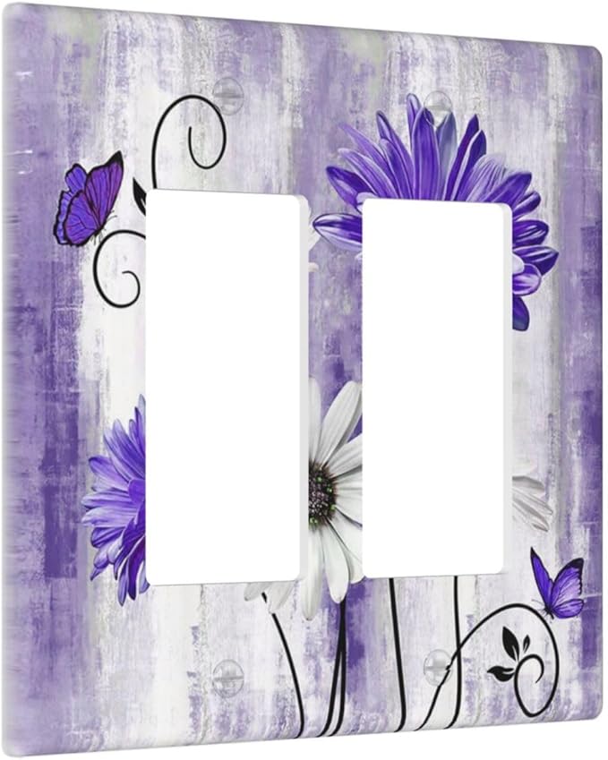 Decorative Outlet Covers Rustic Purple Daisy Butterfly Boho White Floral 2 Gang Wall Plate Cover Double Rocker Decora Light Switch Covers Plate Jumbo Dual Electrical GFCI Switch Plate Cover
