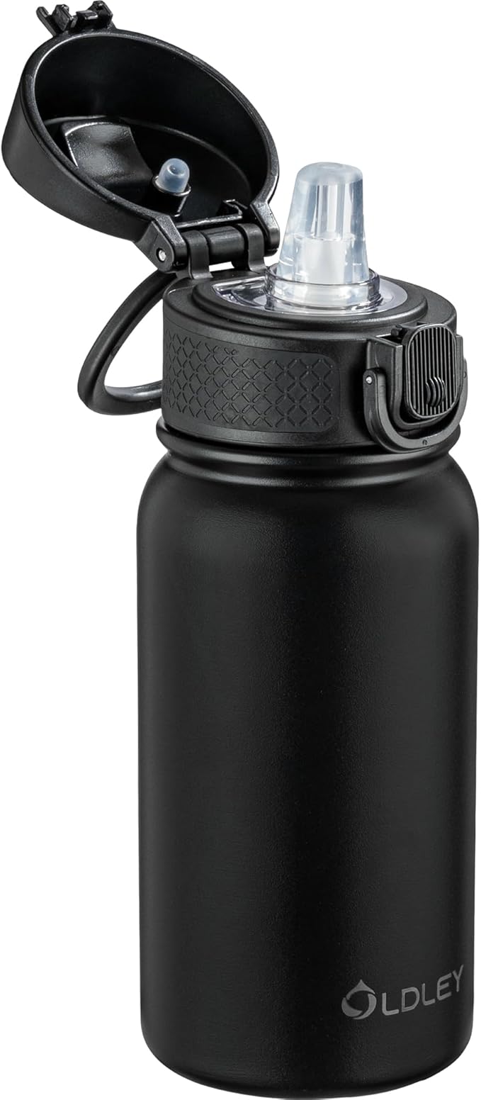 OLDLEY 12oz Kids Water Bottle, Stainless Steel Insulated Water Bottle For Kids, With Straws Leak-proof, Kids Water Bottles For School Boys Girls, Black