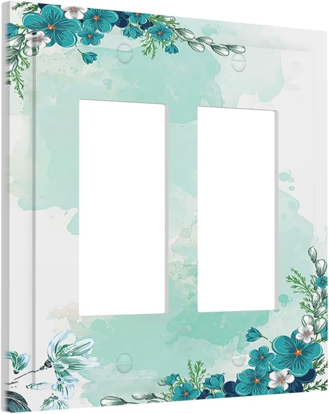 Decorative Outlet Covers Blue Green Flowers Light Green Watercolor Patterns 2 Gang Double GFCI Rocker Electrical Wall Panels Light Switch Cover Plate for Bedroom Home Decor