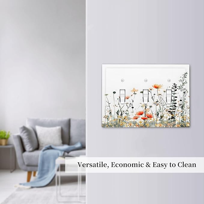 Vintage Country Style Watercolor Leaves Wildflowers Floral Decorative Switch Plates 3 Gang Wall Plate Triple Toggle Light Switch Cover Faceplate Electrical Wall Panels for Bedroom Living Room Decor