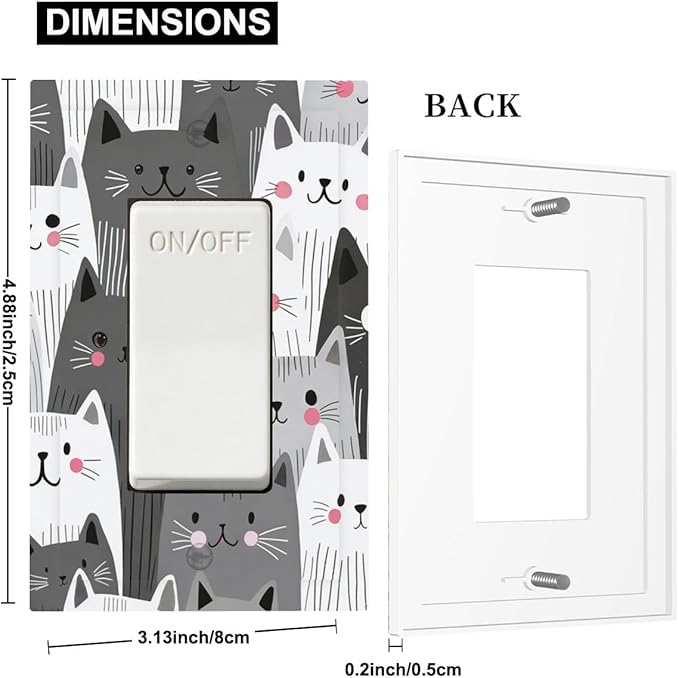 Playful Monochrome Cats with Blush Cheeks Single Rocker Switch Cover - 1-Gang Standard US Size Funny Cat Light Switch Covers for Boys & Girls Bedroom Decor