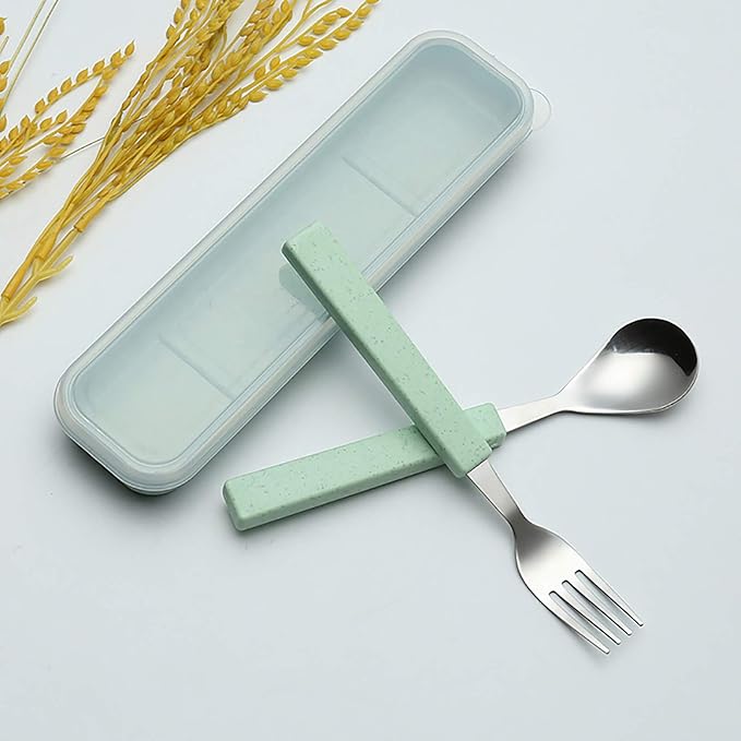 VANRA 2-Piece Children Flatware Set 18/10 Stainless Steel Child Tableware Set Silver Cutlery Set Silverware Dinner Utensils Spoon Fork Set with Travel Case for Kids (Chrome Finished) (Green)