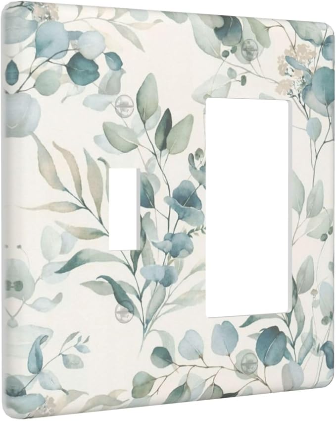 Boho Green White Eucalyptus Leaf Floral Outlet Covers 1 Toggle 1 Rocker Combination Decorative Wall Plate Electrical Switch Plates Light Switch Cover Plate for Farmhouse Living Room Decor