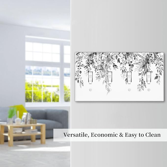 Light Switch Covers Grey Floral Plant Eucalyptus Leaf Flower Quad Toggle Electrical Faceplate 4 Gang Wall Plate Decorative Switch Plates For Bed Room Living Room Decor