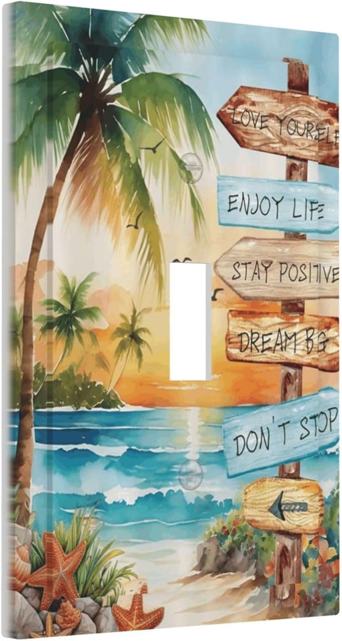 Tropical Beach Palm Tree Summer Coastal Ocean Sunset Decorative Light Switch Cover 1 Gang Single Toggle Device Electrical Faceplate Switchplates Decorator Outlet Wall Plate for Bedroom Living Room