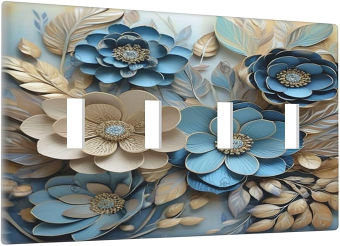 Decorative Art Light Switch Covers Blue and Creamy Floral Quad Toggle 4 Gang Wall Plate Switch plate Electrical Faceplate for Home Decor