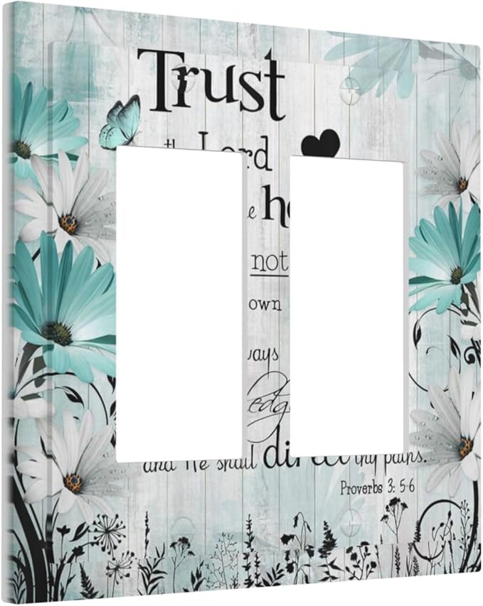 Rustic Teal Daisy Bible Verse Wooden Inspirational Quote Decorative Outlet Covers 2 Gang Double GFCI Rocker Electrical Wall Panels Light Switch Cover Plate for Bedroom Living Room Decor
