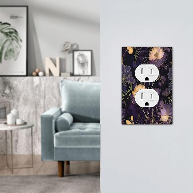 Modern Boho Vintage Gold Purple Dark Floral Modern Abstract Flowers Outlet Covers 1 Gang Duplex Electrical Receptacle Faceplate Light Switch Cover Wall Plate Decorative Switch Plates for Bedroom