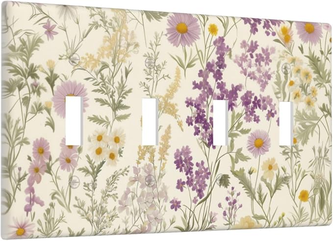 Watercolor Floral Leaves Quad Toggle Light Switch Cover Small Purple Flowers Daisies 4 Gang Wall Plate Decorative Electrical Switchplates Covers for Country Bathroom Bedroom Home Decor