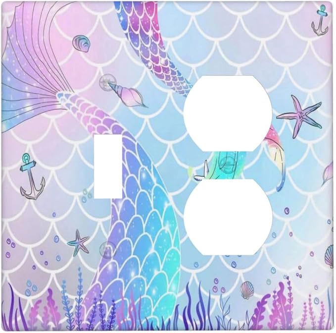 Cute Cartoon Purple Pink Mermaid Scales Tail 2-Gang Combination Wall Plate 1 Toggle 1 Duplex Receptacle Outlet Cover Kids Girls Room Ocean Theme Decorative Combo Device Light Switch Faceplate Cover