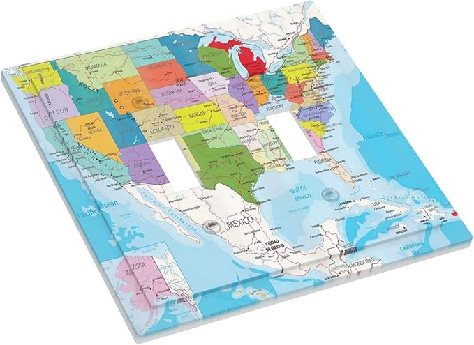 USA Map 2 Gang Double Toggle Light Switch Cover Decorative Wall Plate Faceplate for Kids Boys Girls Bathroom Office and School Home Living Room Decor 5" x 4.9